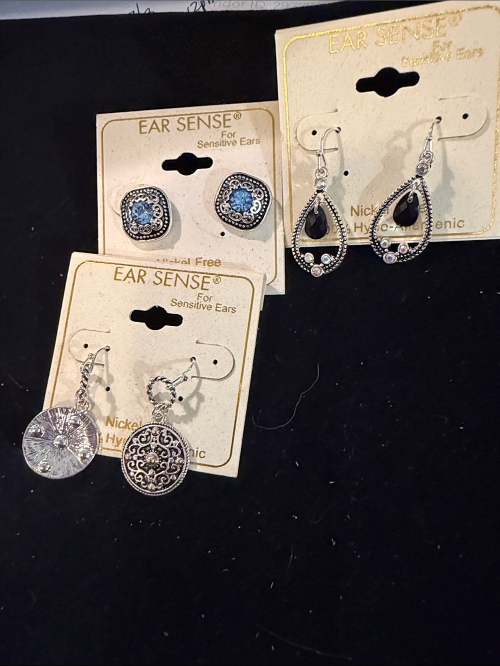 Ear Sense Silver-Tone Earring Set with Black and Blue Accents